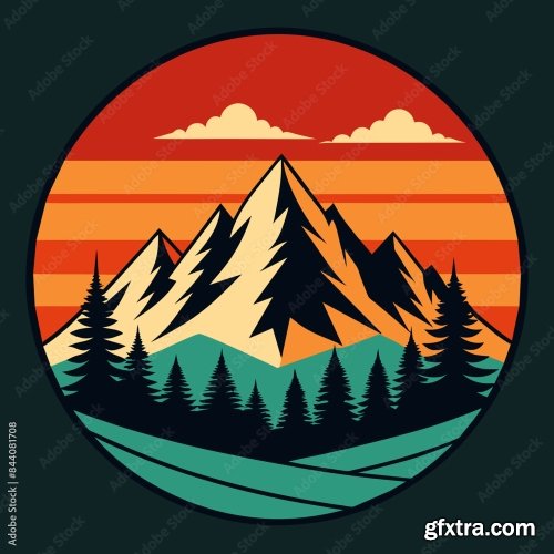 Mountain And Forest Illustration With Retro Style 6xSVG