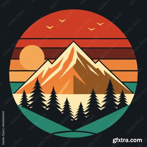 Mountain And Forest Illustration With Retro Style 6xSVG