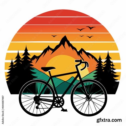 Black Silhouette Hiking Bike Vintage Retro Sunshine 6xSVG