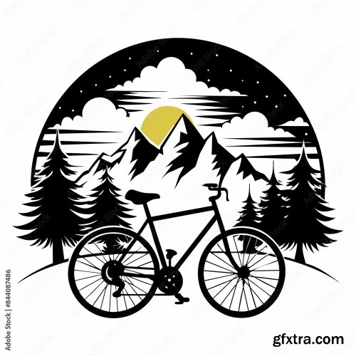 Black Silhouette Hiking Bike Vintage Retro Sunshine 6xSVG