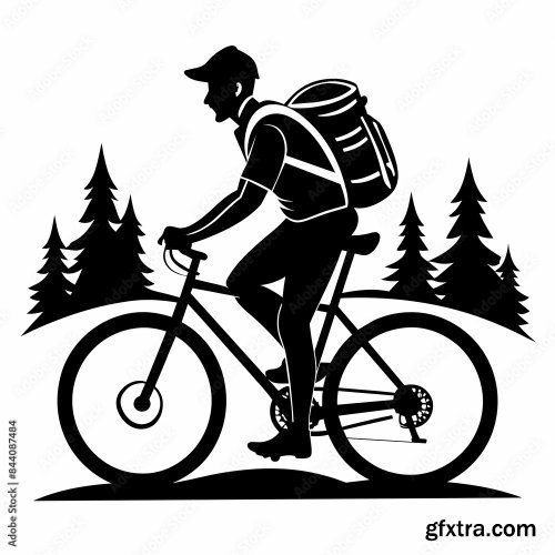 Black Silhouette Hiking Bike Vintage Retro Sunshine 6xSVG