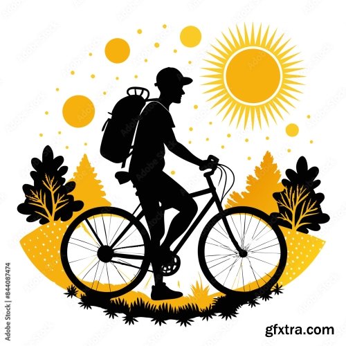 Black Silhouette Hiking Bike Vintage Retro Sunshine 6xSVG