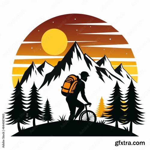 Black Silhouette Hiking Bike Vintage Retro Sunshine 6xSVG