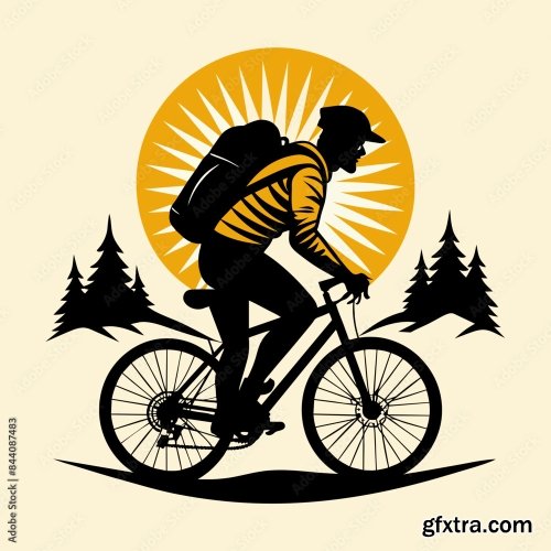 Black Silhouette Hiking Bike Vintage Retro Sunshine 6xSVG