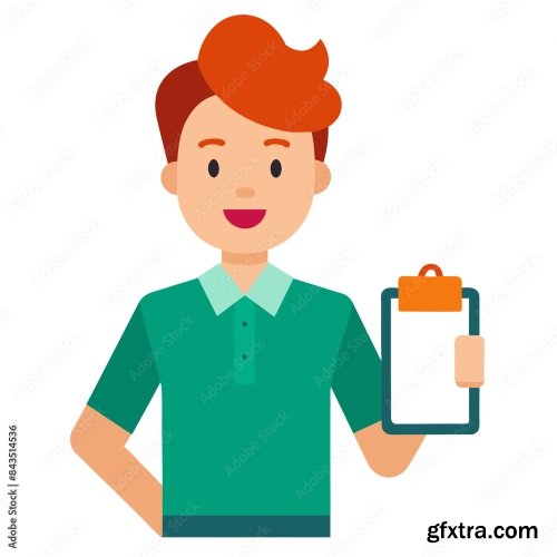 Salesperson Holding A Clipboard And Showcasing A Product 6xSVG