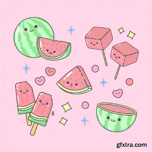 Vector Watermelon Ice Cream Slice Fruit with cute facial expressions and pastel colour