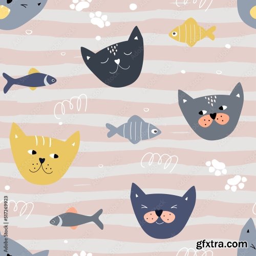 Seamless Pattern With Cute Faces Of Cats With Different Emotions 6xAI