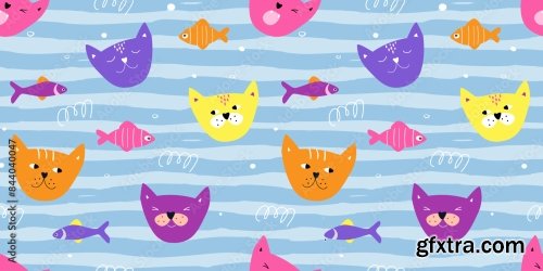 Seamless Pattern With Cute Faces Of Cats With Different Emotions 6xAI