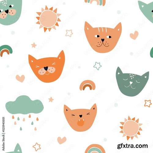 Seamless Pattern With Cute Faces Of Cats With Different Emotions 6xAI