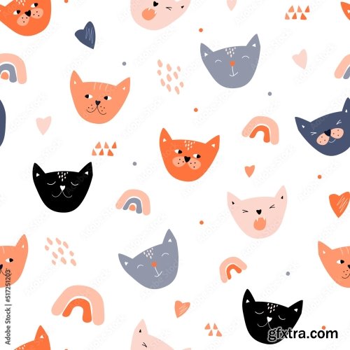 Seamless Pattern With Cute Faces Of Cats With Different Emotions 6xAI