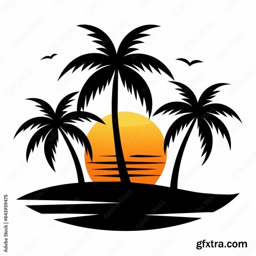 Beach With Palms Tree Black Silhouette 6xSVG