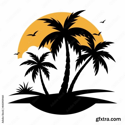 Beach With Palms Tree Black Silhouette 6xSVG