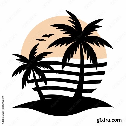 Beach With Palms Tree Black Silhouette 6xSVG