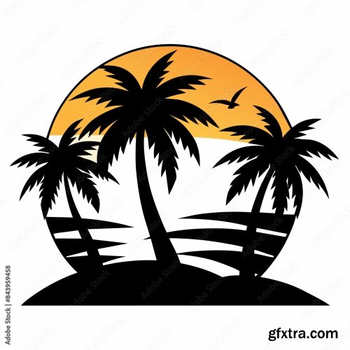 Beach With Palms Tree Black Silhouette 6xSVG