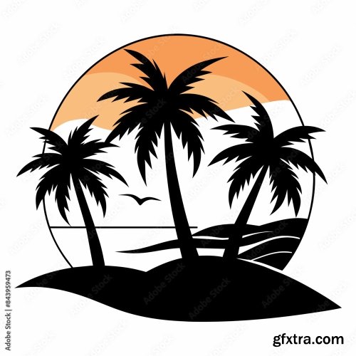 Beach With Palms Tree Black Silhouette 6xSVG