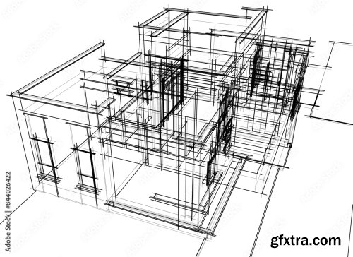 House Building Sketch Architectural 3D Illustration 6xAI