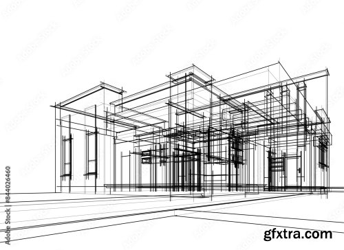 House Building Sketch Architectural 3D Illustration 6xAI