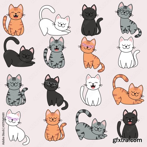 Different Cartoon Cat Characters Set Poses And Emotions 7xAI