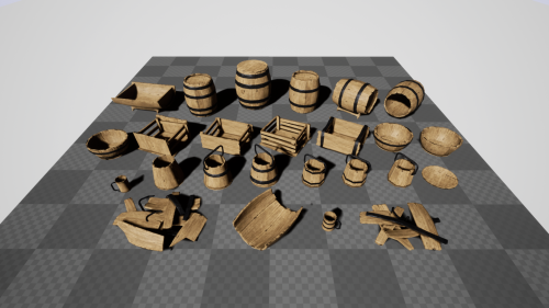 UnrealEngine - Wooden props: barrels, boxes, tubes and buckets