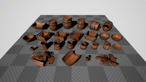 UnrealEngine - Wooden props: barrels, boxes, tubes and buckets