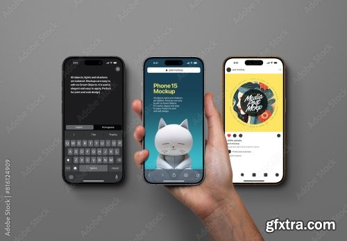 Hand Holding Phone 15 Mockup 4xPSD