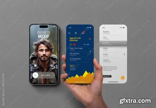 Hand Holding Phone 15 Mockup 4xPSD