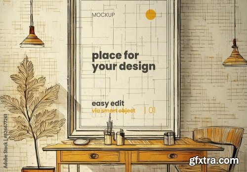 Architecture Sketch Drawing Poster Frame Mockup 7xPSD