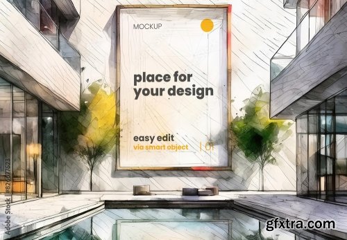 Architecture Sketch Drawing Poster Frame Mockup 7xPSD