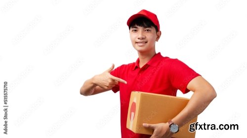 Portrait Of Young Handsome Asian Delivery Man Carrying Paper Parcel Standing On White Background 9xJPEG