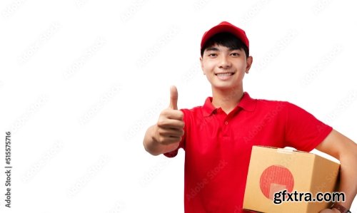 Portrait Of Young Handsome Asian Delivery Man Carrying Paper Parcel Standing On White Background 9xJPEG