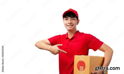 Portrait Of Young Handsome Asian Delivery Man Carrying Paper Parcel Standing On White Background 9xJPEG