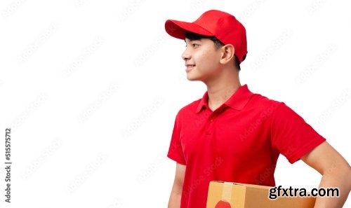 Portrait Of Young Handsome Asian Delivery Man Carrying Paper Parcel Standing On White Background 9xJPEG