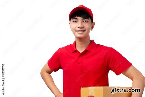 Portrait Of Young Handsome Asian Delivery Man Carrying Paper Parcel Standing On White Background 9xJPEG