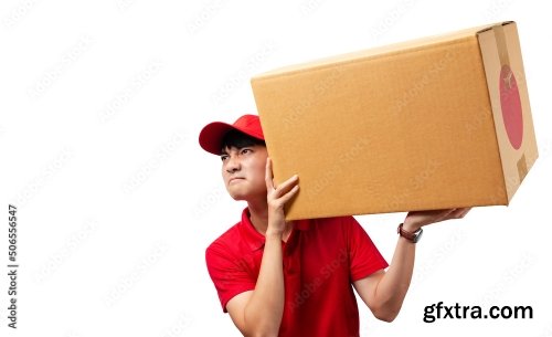 Portrait Of Young Handsome Asian Delivery Man Carrying Paper Parcel Standing On White Background 9xJPEG