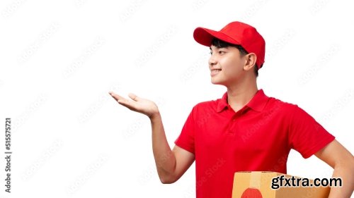 Portrait Of Young Handsome Asian Delivery Man Carrying Paper Parcel Standing On White Background 9xJPEG