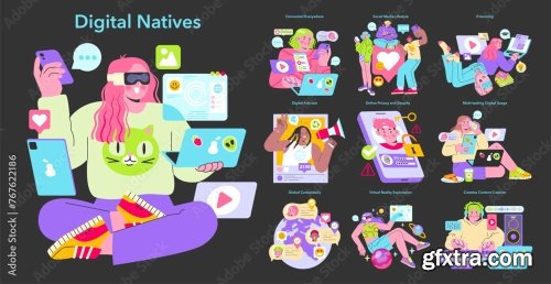 Digital Natives Flat Vector Illustration 18xAI