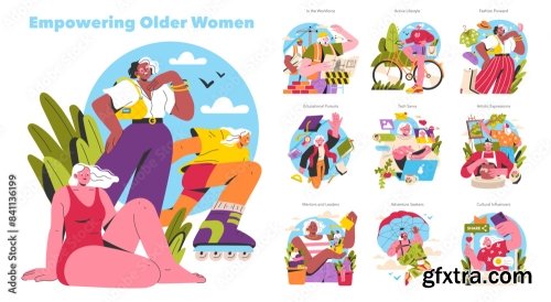 Empowering Older Women Flat Vector Illustration 5xAI