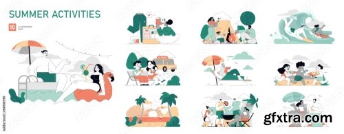 Summer Activities Flat Vector Illustration 15xAI