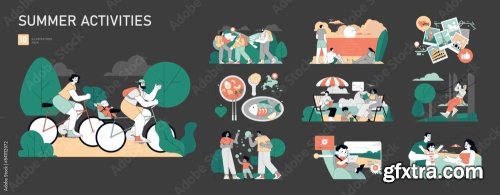 Summer Activities Flat Vector Illustration 15xAI