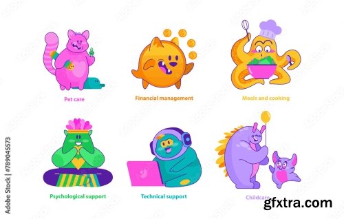 Monster Helpers Set Vector Illustration 13xAI