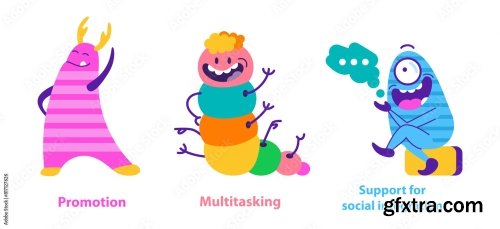 Monster Helpers Set Vector Illustration 13xAI