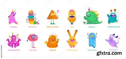 Monster Helpers Set Vector Illustration 13xAI