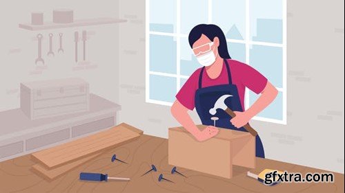 Videohive Female cabinetmaker driving nails with hammer flat color animated illustration 39472677