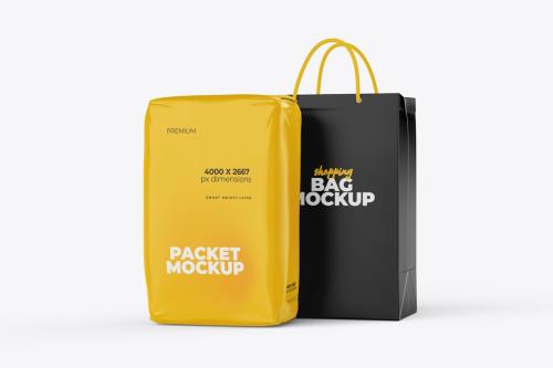 Plastic Package with Paper Shopping Bag Mockup