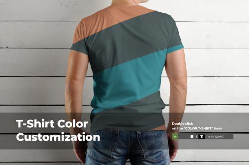 Front and Back T-Shirt Mockup on Wooden Background