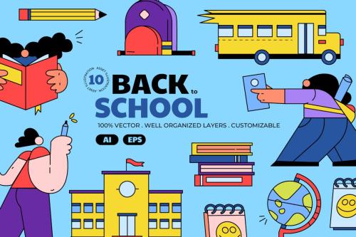 Blue Back to School Illustration Set