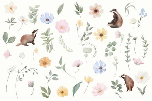 Watercolor Wildflowers with a Badger