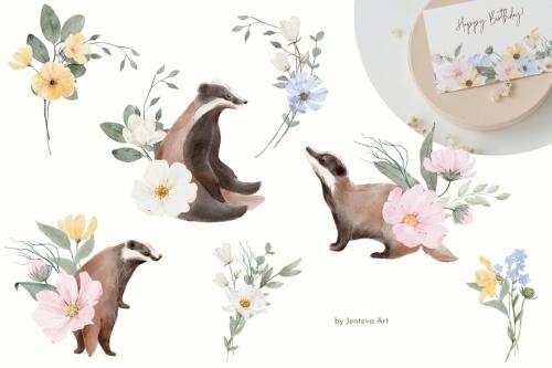 Watercolor Wildflowers with a Badger