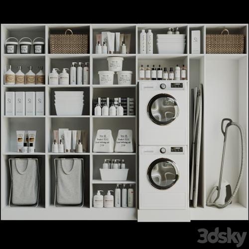 Linear with household appliances and household chemicals. Bathroom accessories