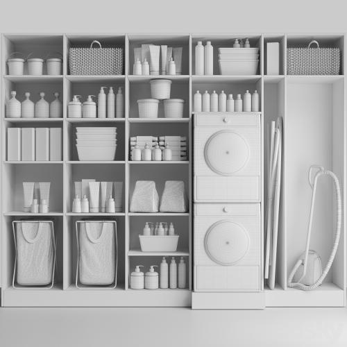 Linear with household appliances and household chemicals. Bathroom accessories